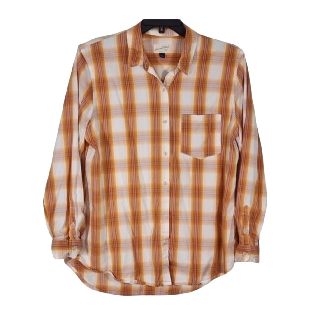 Universal Thread Plaid Long Sleeve Top Yellow Orange‎ Beige Button Up Size Large